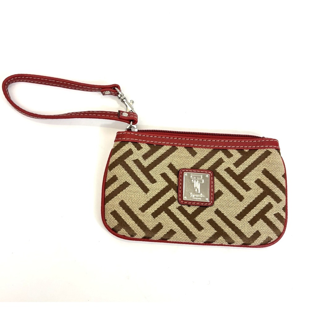 Tignanello Logo Wristlet Clutch Bag Small Brown Red Trim Canvas Zip Top‎
